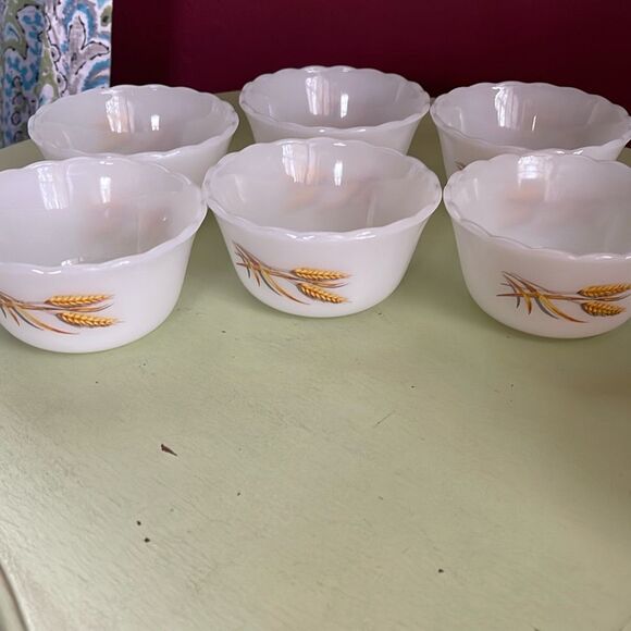 Fire King set of 6 Golden Wheat custard ice cream fruit bowls milk glass. - Picture 2 of 6